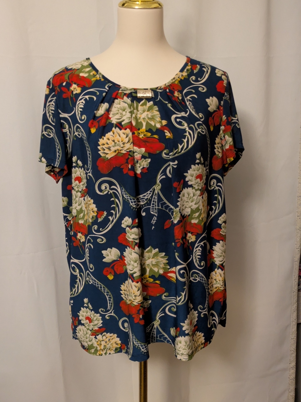 Emily Stacy Women's Floral Short-Sleeve Blouse - Navy